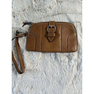 Fossil Vintage Wristlet Brown Pebble Zipper Phone Pouch Handbag Clutch Bag Purse